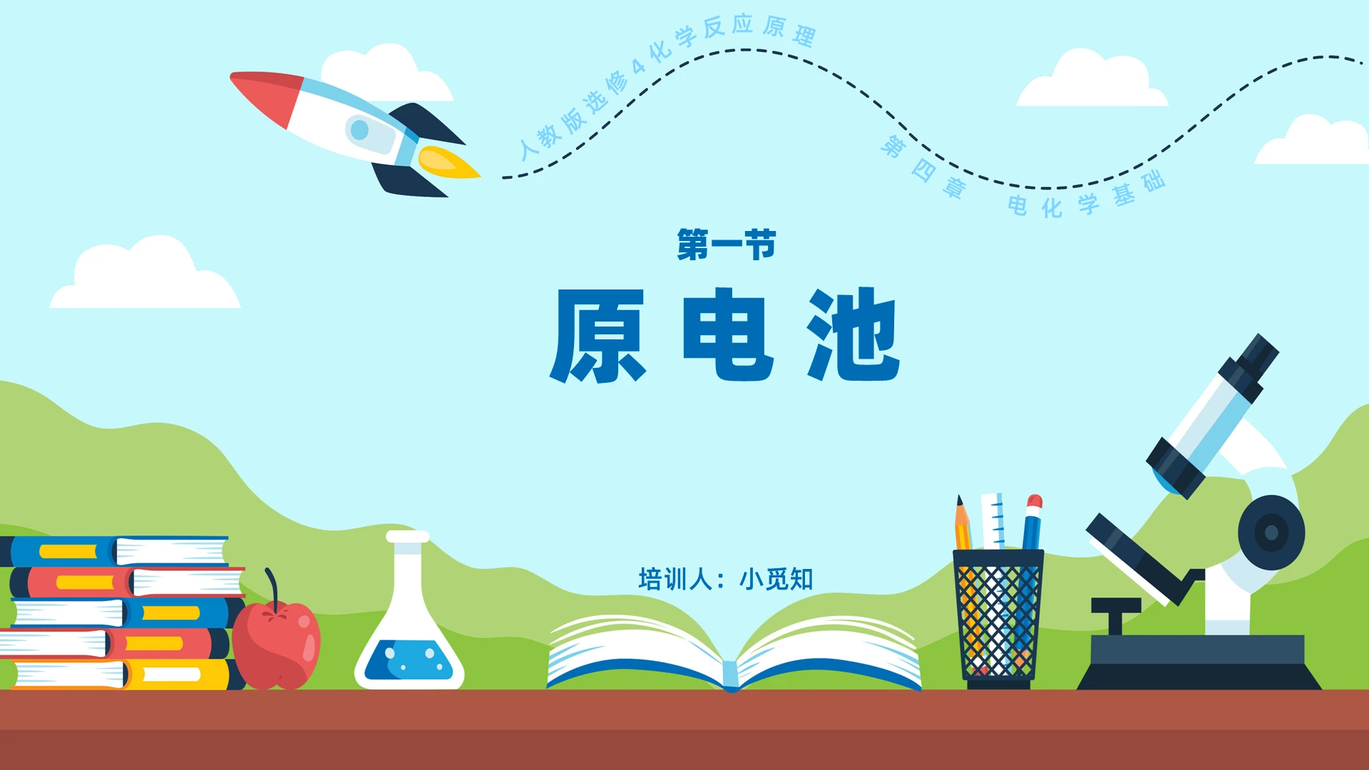 蓝绿色简约卡通化学课件原电池ppt模板