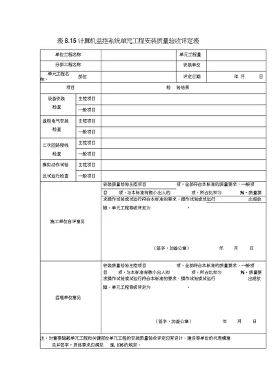 计算机监控系统单元工程安装质量验收评定表