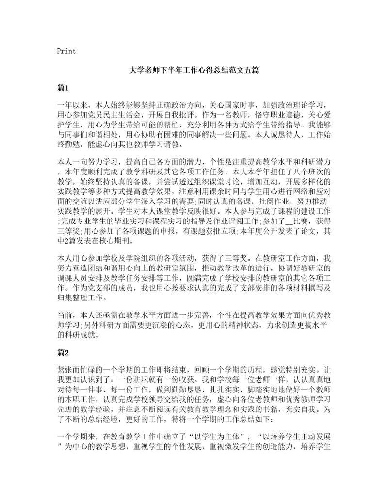 大学老师下半年工作心得总结范文五篇