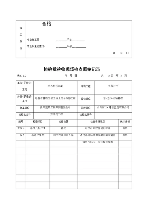 检验批验收现场检查原始记录土方开挖