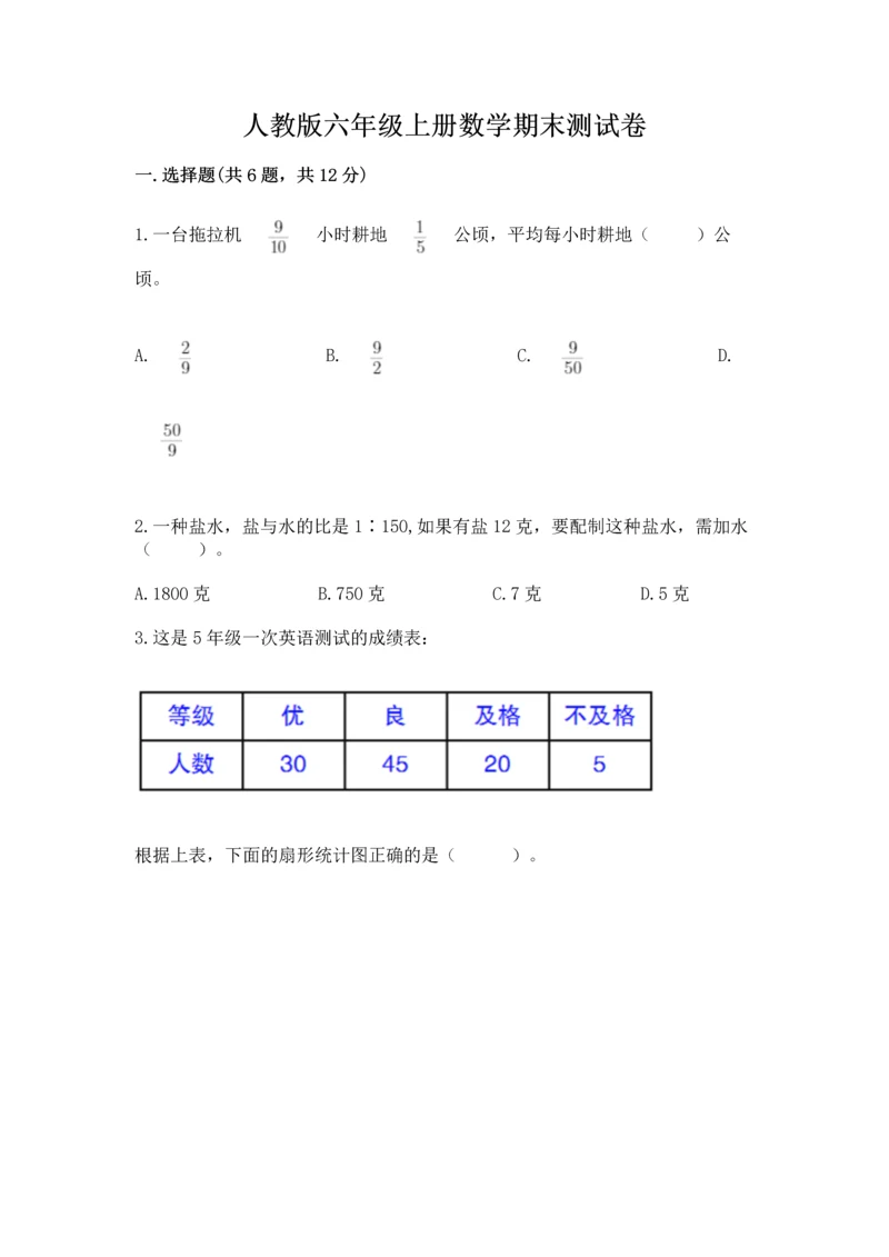 人教版六年级上册数学期末测试卷（实用）word版.docx