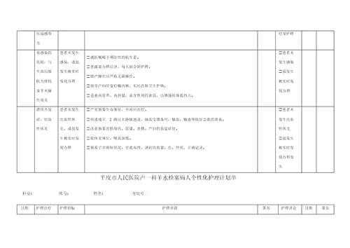 产科个性化护理表单