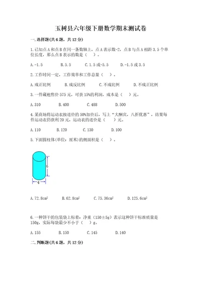 玉树县六年级下册数学期末测试卷加精品答案