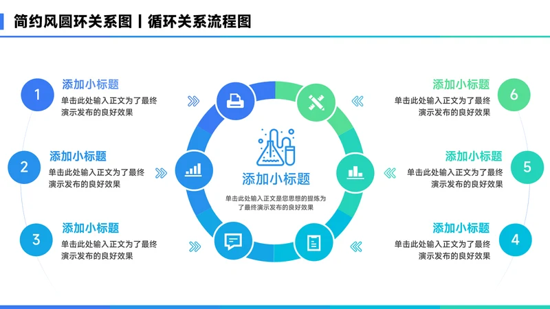 蓝色简约风6项圆环总分关系图PPT