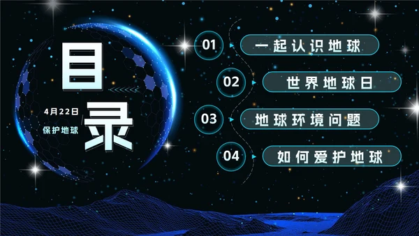蓝色科技风渐变宇宙世界地球日班会课带内容PPT模板