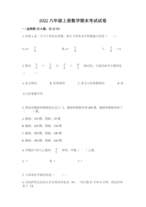 2022六年级上册数学期末考试试卷精品【典优】.docx