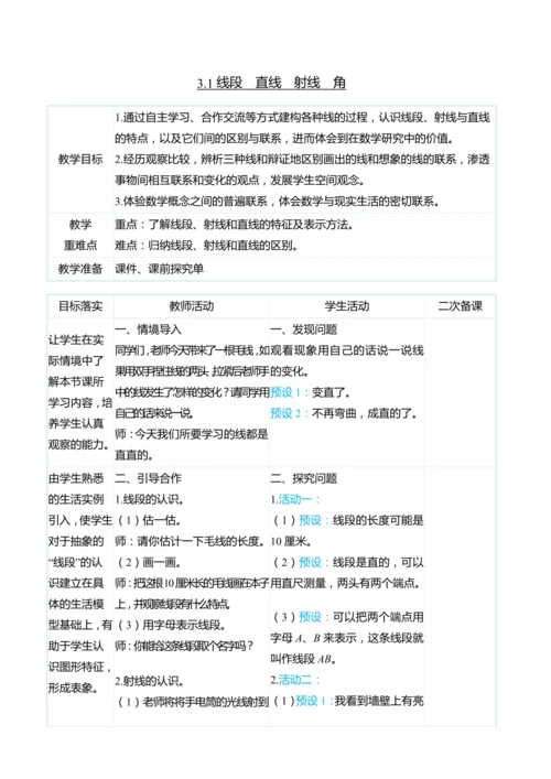 （大单元整体教学）3.1线段　直线　射线　角（表格式）教学设计