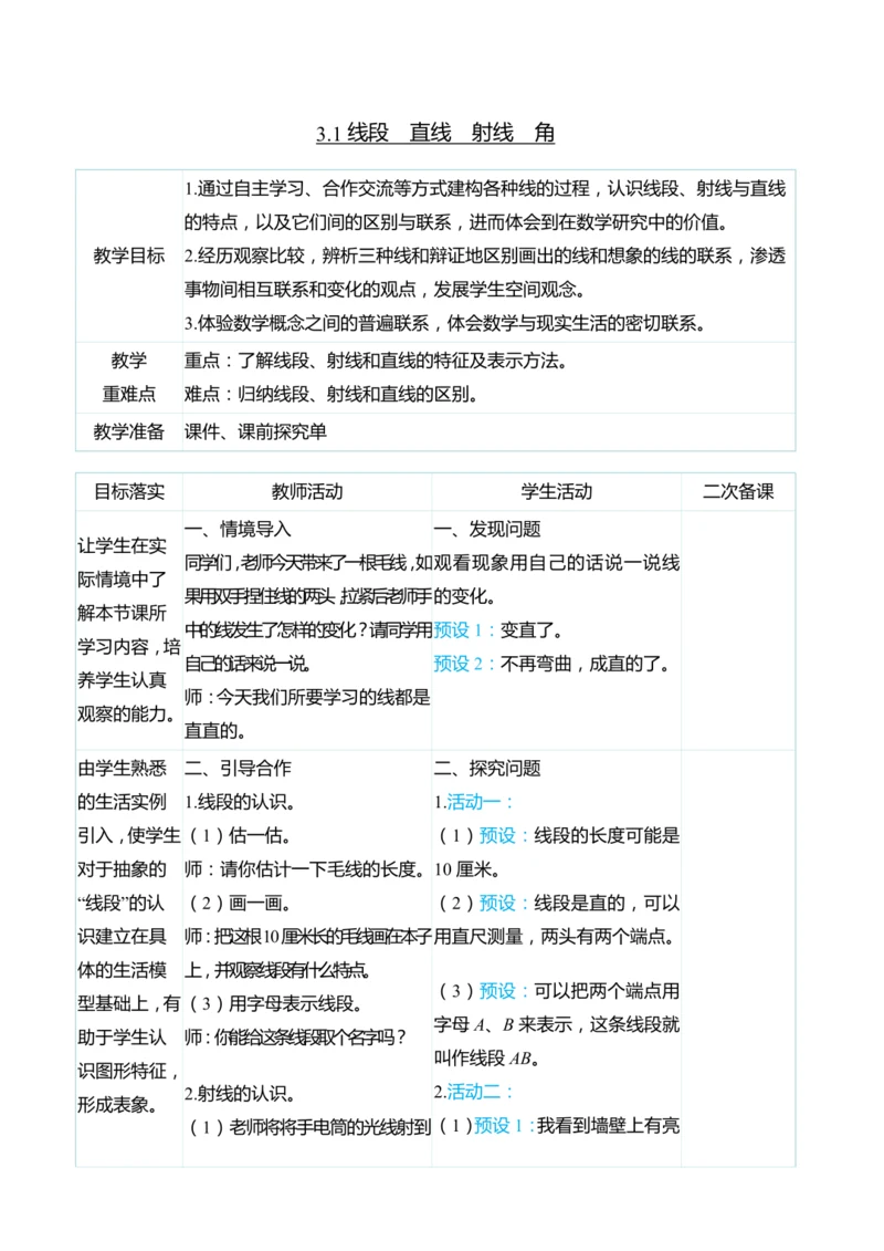 （大单元整体教学）3.1线段　直线　射线　角（表格式）教学设计