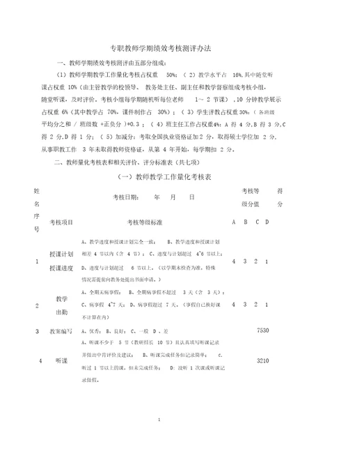 专职教师学期绩效考核测评办法