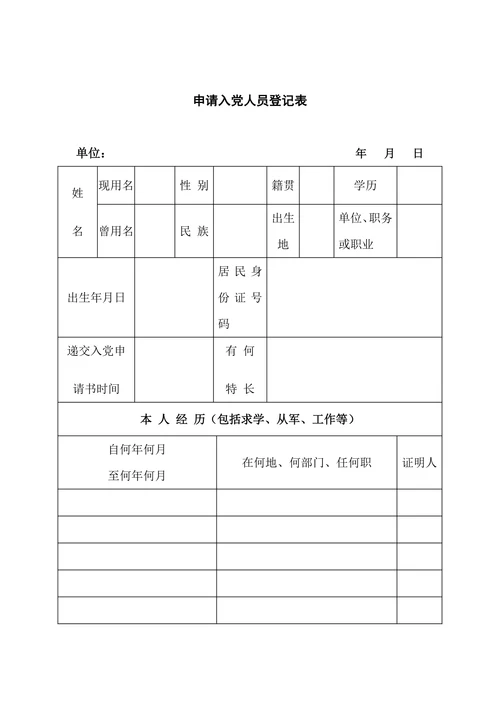 申请入党人员登记表