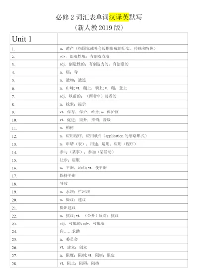 高中英语人教版（2019）必修第二册 词汇表单词汉译英默写.docx