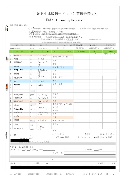 20182019学年沪教牛津版初中英语初一7年级上英语单词含音标