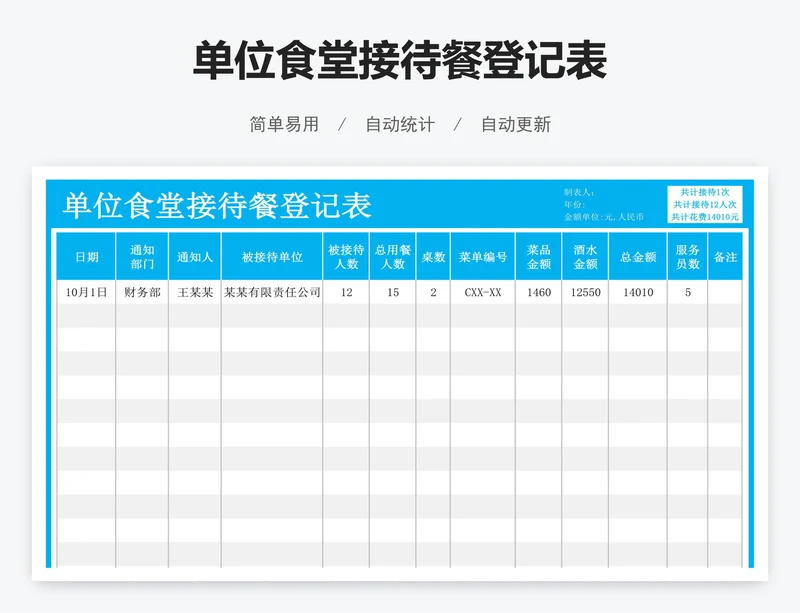单位食堂接待餐登记表