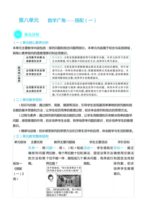 （大单元整体教学）第八单元 数学广角——搭配（一） 单元分析（表格式）教学设计