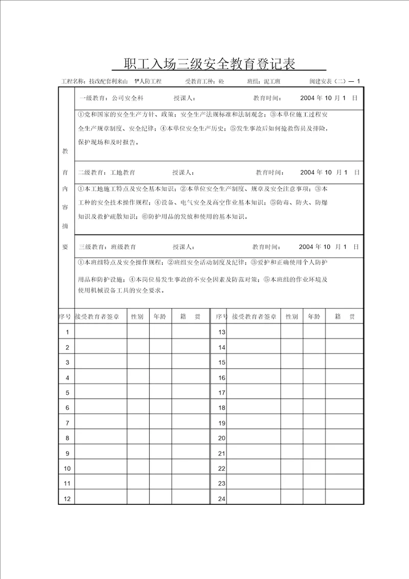 三级安全教育及安全技术交底