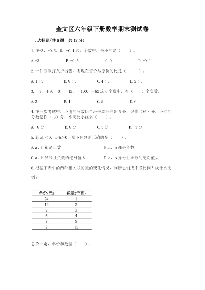 奎文区六年级下册数学期末测试卷精编.docx