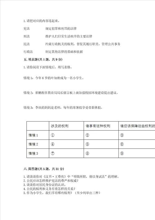 2022-2023部编版六年级上册道德与法治期末测试卷及参考答案（黄金题型）