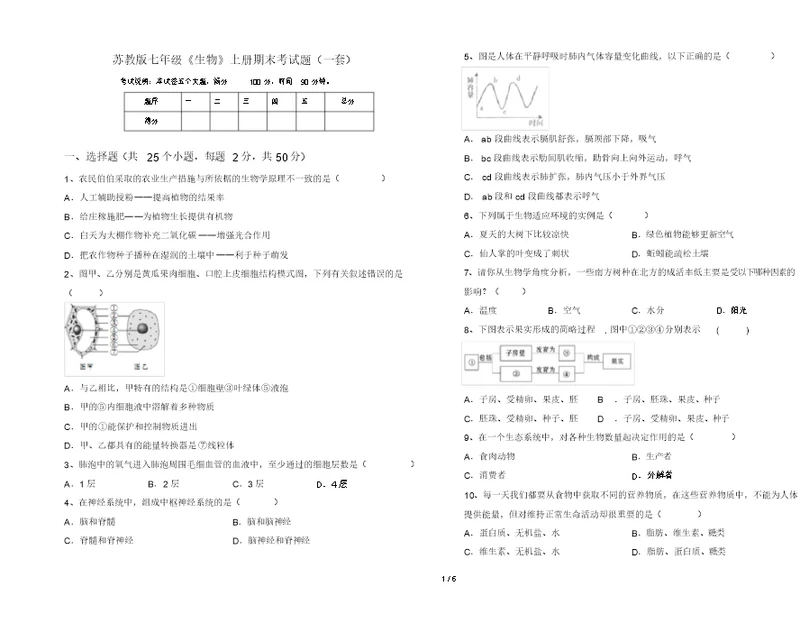 苏教版七年级《生物》上册期末考试题(一套)