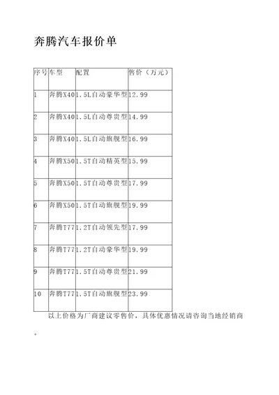 奔腾汽车的报价单