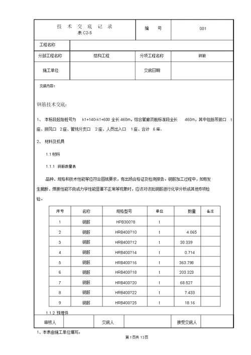 管廊结构钢筋技术交底