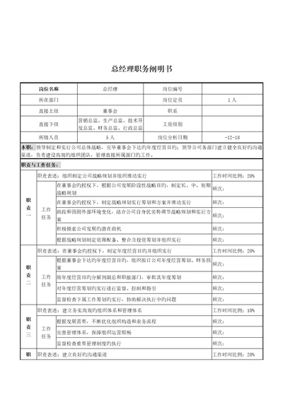 湖北新丰化纤公司总经理职务专项说明书