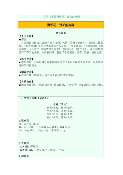 六下古诗词单元过关自查表