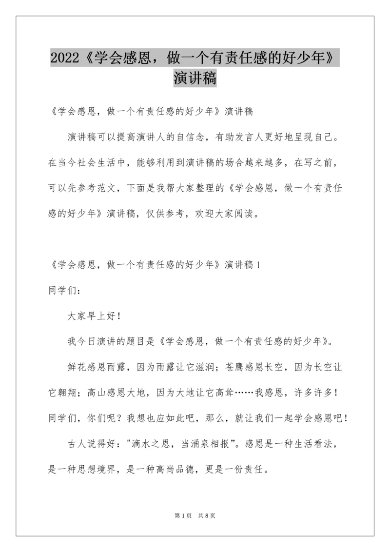 2022《学会感恩，做一个有责任感的好少年》演讲稿.docx