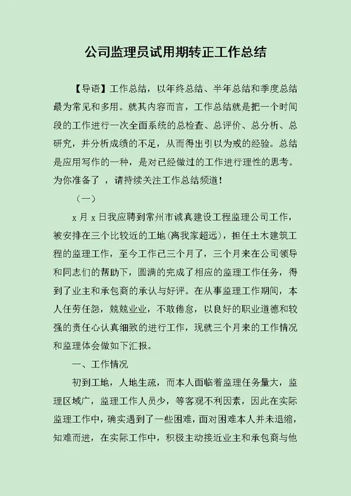 公司监理员试用期转正工作总结范文