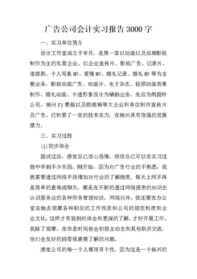 广告公司会计实习报告3000字