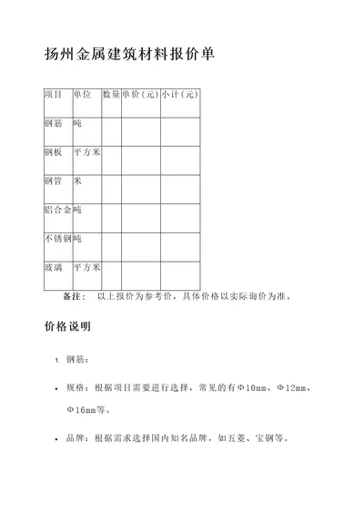 扬州金属建筑材料报价单