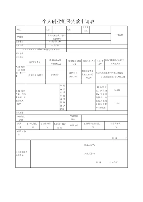 个人创业担保贷款申请表