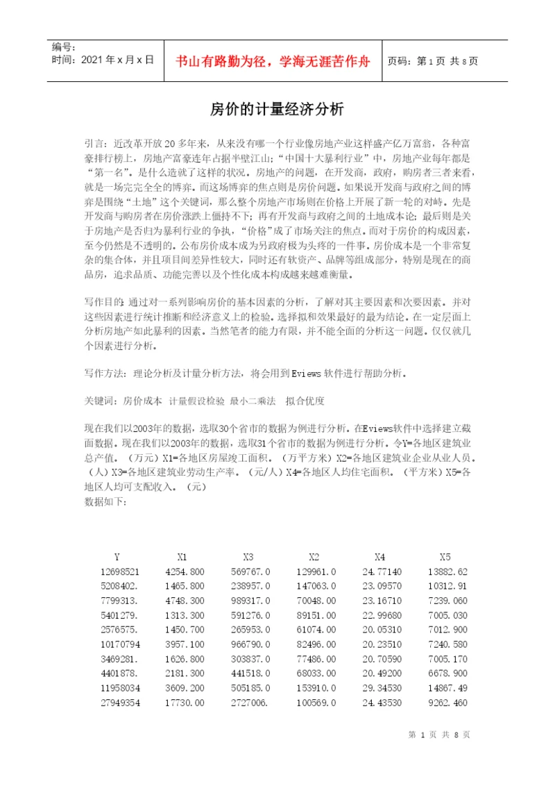 计量经济学论文(eviews分析) 房价的计量经济分析.docx