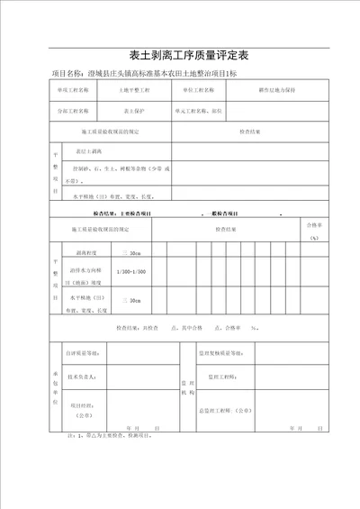 表土剥离工序质量评定表参考内容