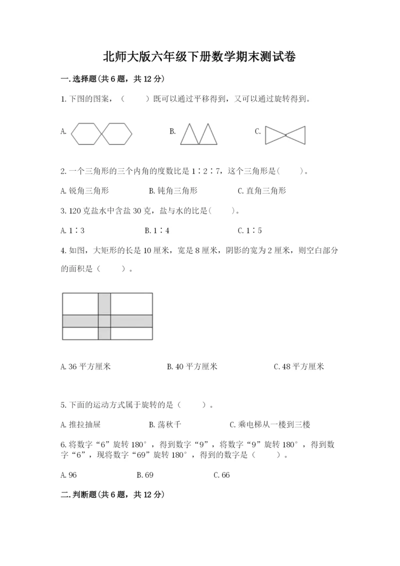 北师大版六年级下册数学期末测试卷精品【考试直接用】.docx