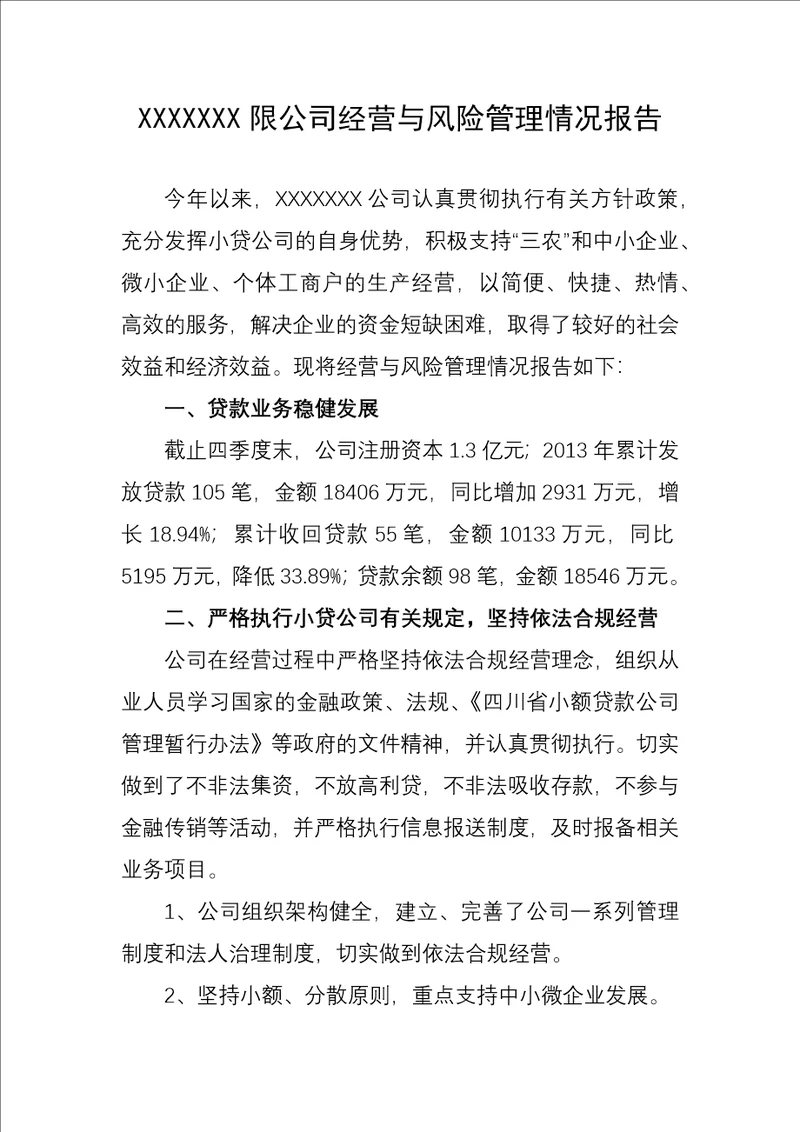 小额贷款公司经营与风险管理情况报告