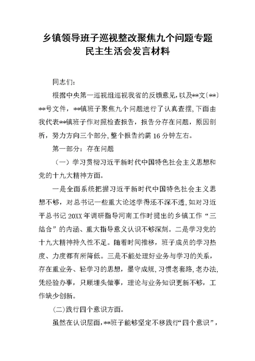 乡镇领导班子巡视整改聚焦九个问题专题民主生活会发言材料