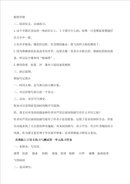 六年级下册语文练习与测试答案