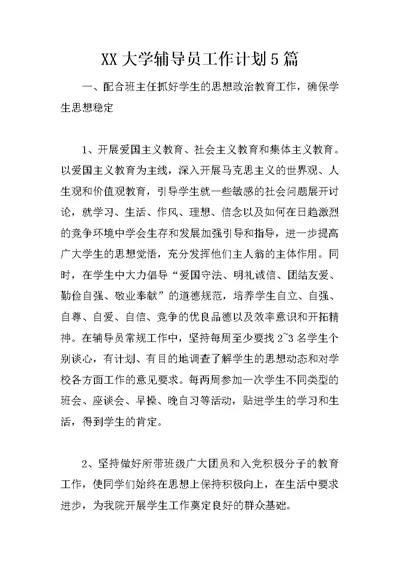 XX大学辅导员工作计划5篇