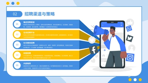 蓝黄色扁平插画风企业春季招聘通用PPT模板