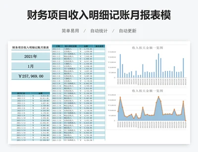 财务项目收入明细记账月报表模版