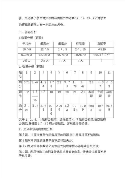 高二数学月考质量分析