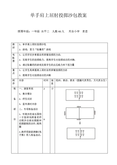 单手肩上屈肘投掷沙包教案