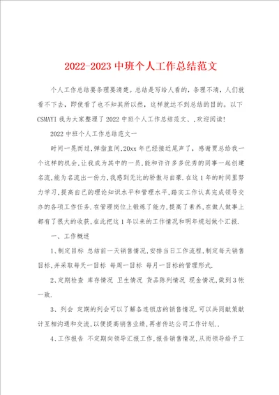 20222023中班个人工作总结范文