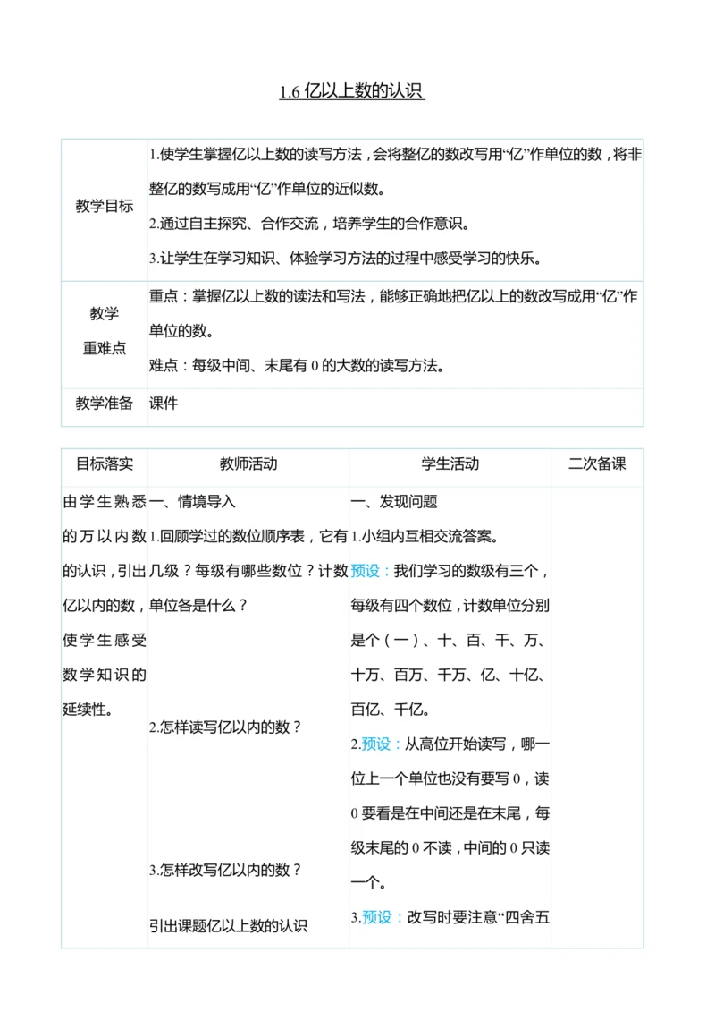 （大单元整体教学）1.6亿以上数的认识（表格式）教学设计 人教版 四年级上册数学