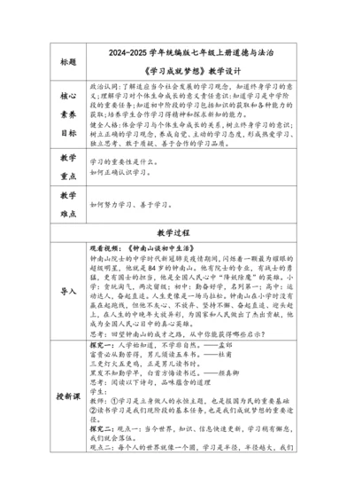 【核心素养目标】2024-2025学年统编版七年级上册道德与法治《学习成就梦想》教学设计（表格式）