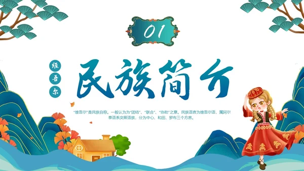 蓝绿色插画维吾尔族少数民族介绍学生PPT
