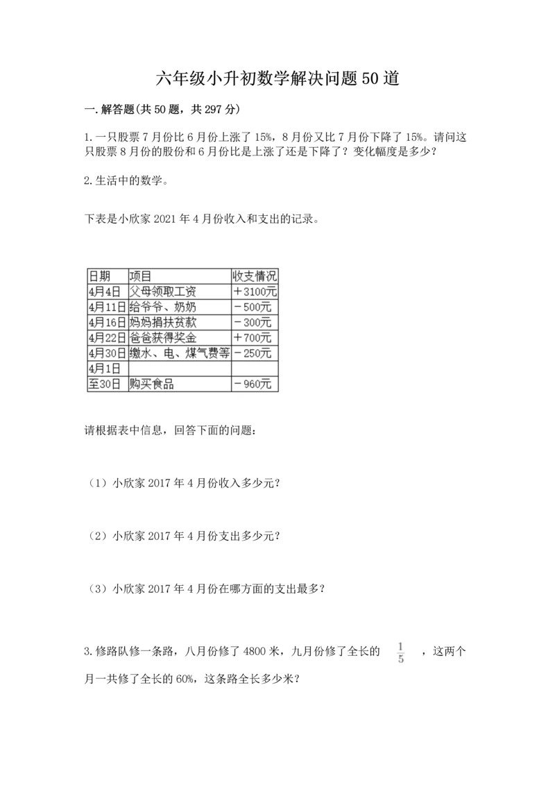 六年级小升初数学解决问题50道必考题.docx