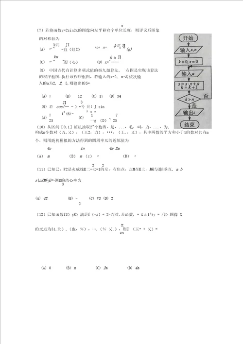 2016高考理科数学全国二卷