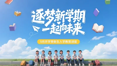 蓝黄色3D立体风9月开学季新生入学教育讲座PPT模版