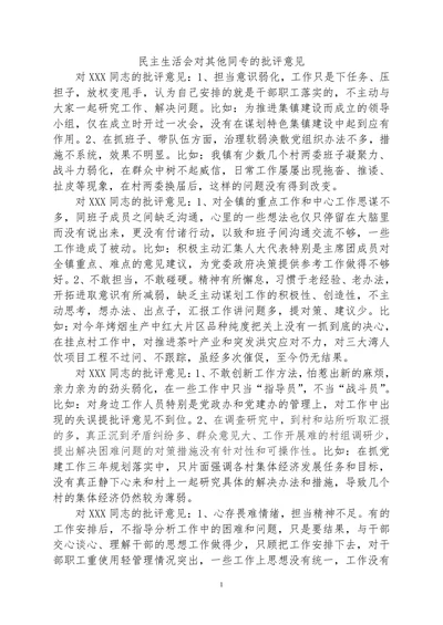 民主生活会对其他同专的批评意见